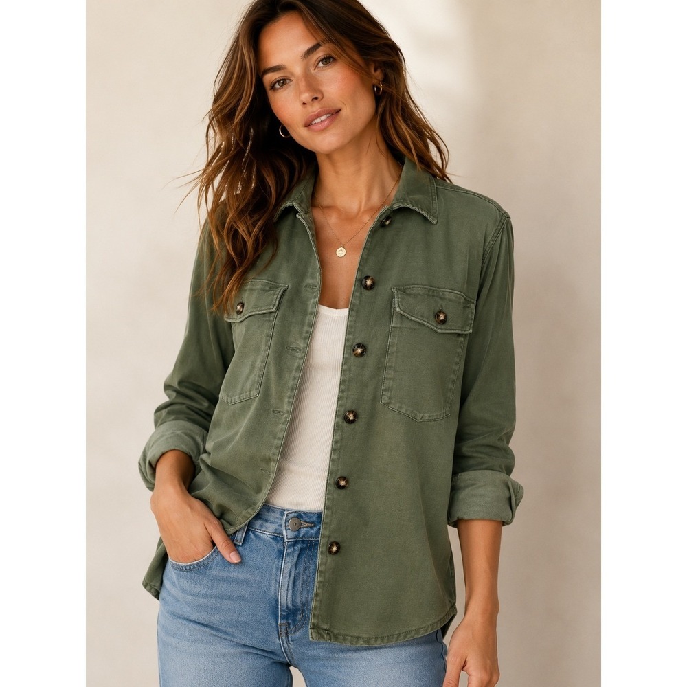 Faherty Savannah Stretch Cotton Utility Overshirt Jacket Fatigue Green XS